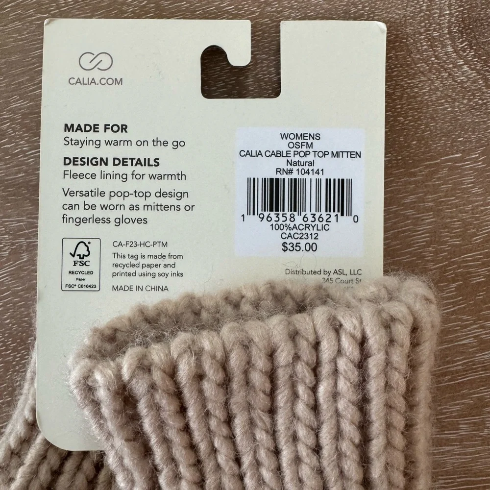 CALIA Women's Cable Pop Top Mitten, cream, NWT